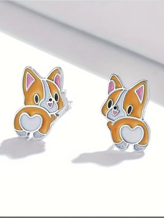 Jewelry - Cute Corgi Heart Back Enamel Stud Earrings - Orange & White